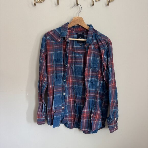 American Eagle Boyfriend Fit Red & Blue Plaid Button-Up Shirt - Size Large - Picture 1 of 4